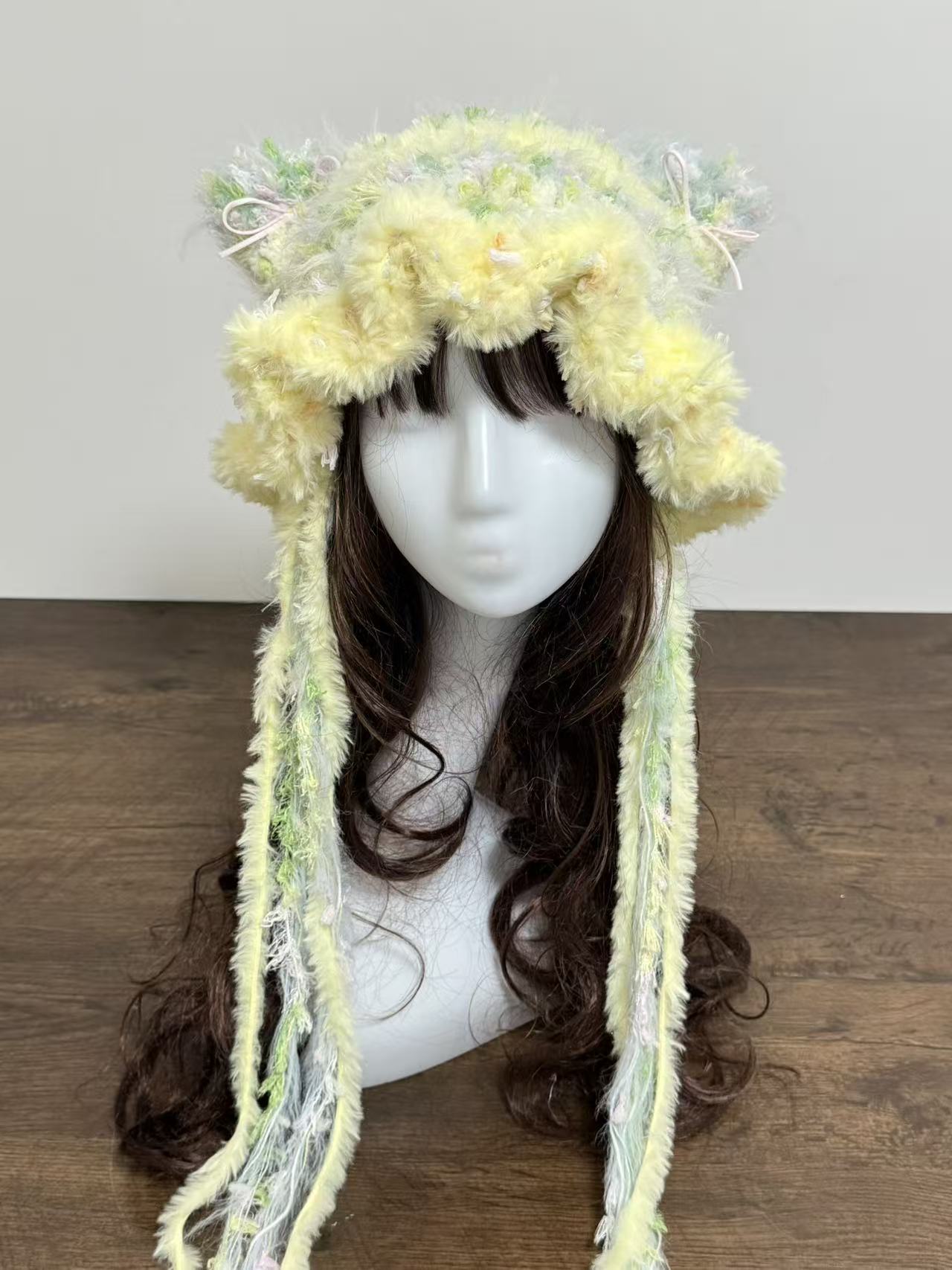 “Spring Meadow” Cat Ear Jellyfish Hat with Wide Ruffled Edge – Handcrafted Mixed Yarn Beanie