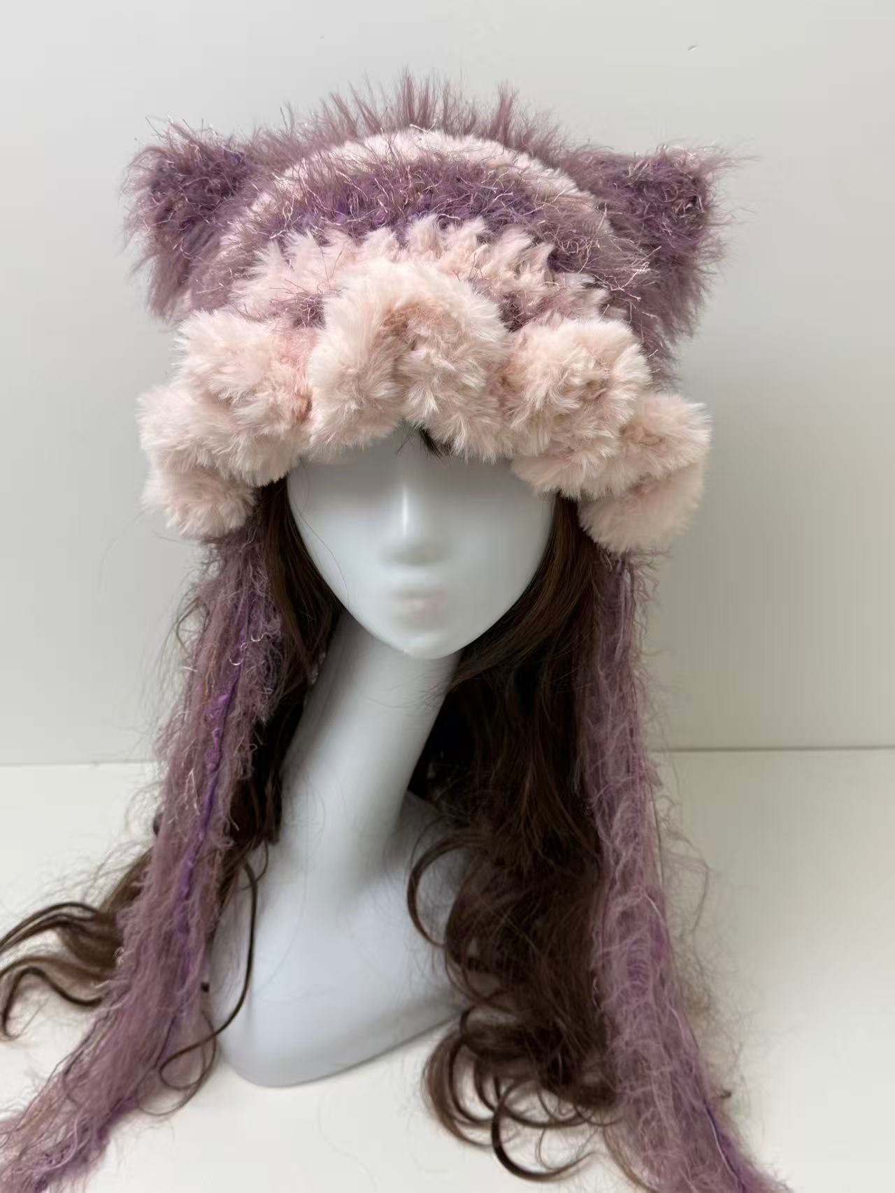 Pink-Lavender Cat Ear Jellyfish Hat with Large Ruffled Edge – Handcrafted Beanie