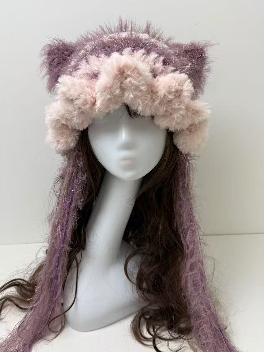 Pink-Lavender Cat Ear Jellyfish Hat with Large Ruffled Edge – Handcrafted Beanie