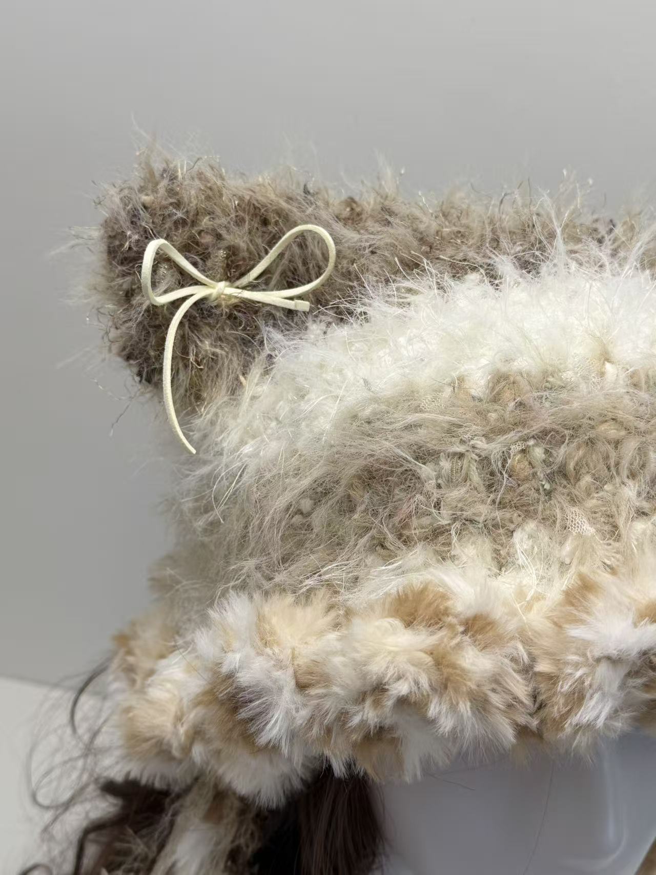 “Snow Leopard” Cat Ear Jellyfish Hat – Handcrafted Light Khaki Mixed Yarn Beanie