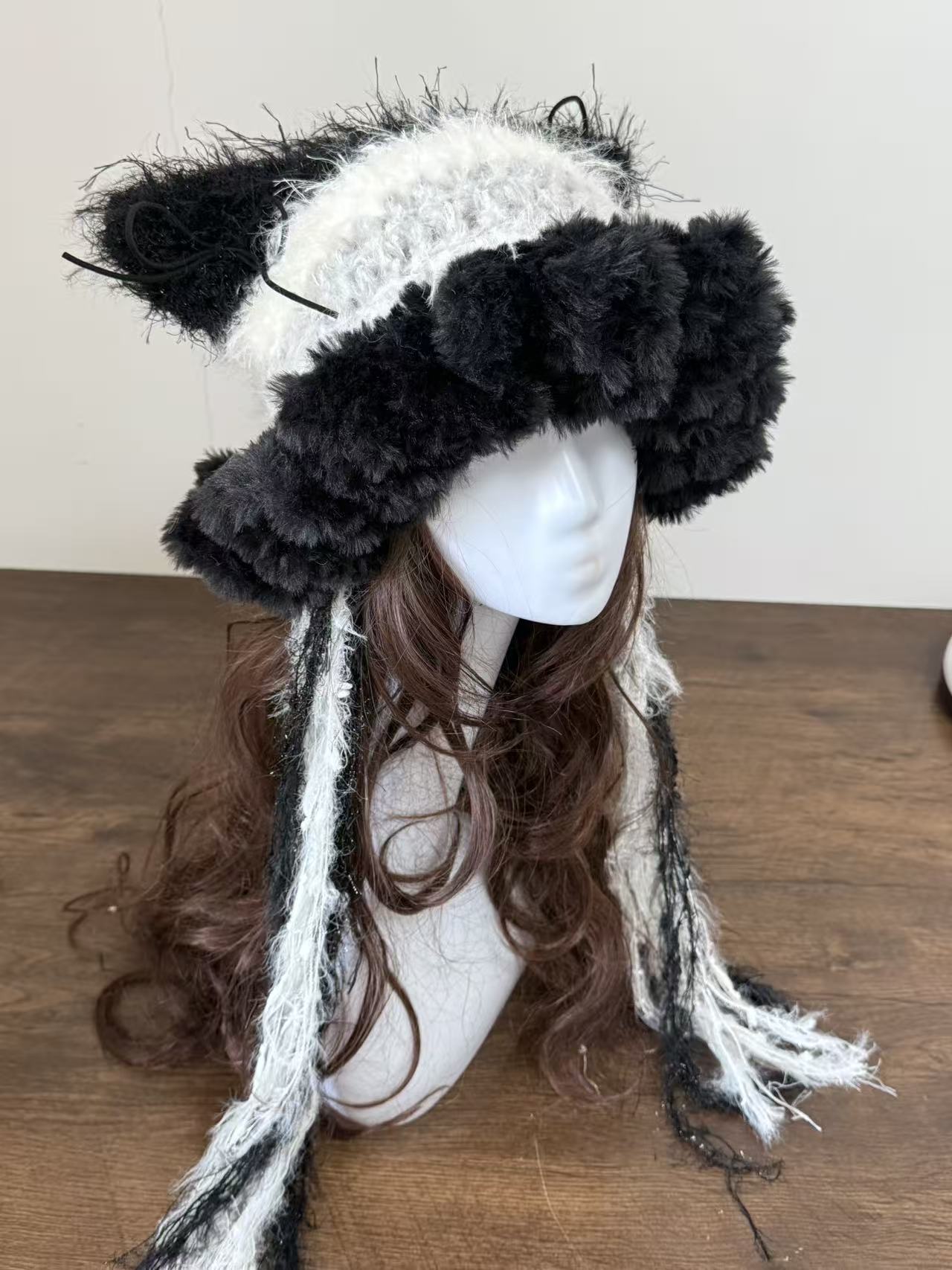 Black & White “Panda” Cat Ear Jellyfish Hat with Wide Ruffled Edge – Handmade Beanie