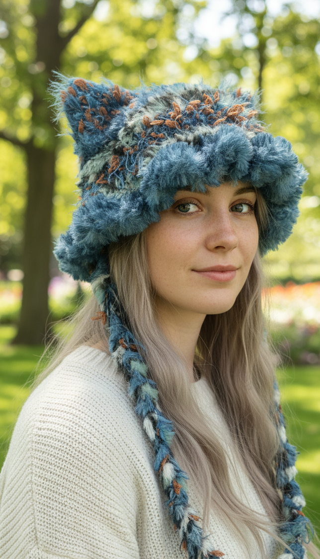 Sky Blue Cat Ear Jellyfish Hat – Handmade Fluffy Crochet Beanie