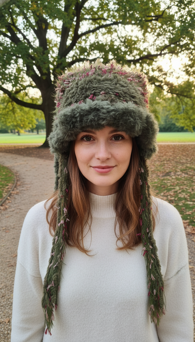 Mossy Brown Bunny Ear Beanie – Handmade Mixed Yarn Crochet Hat