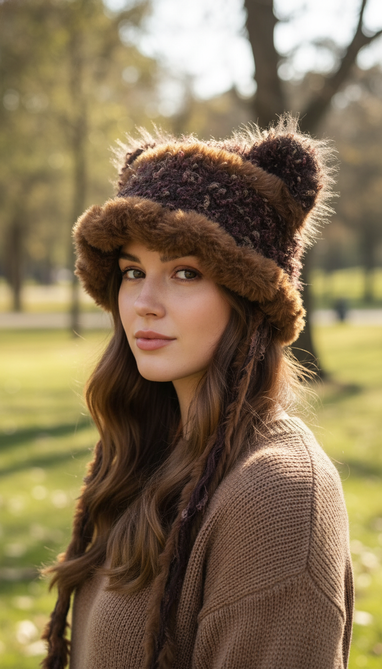 Caramel Latte Brown Cat Ear Jellyfish Hat – Handmade Mixed Yarn Crochet Beanie