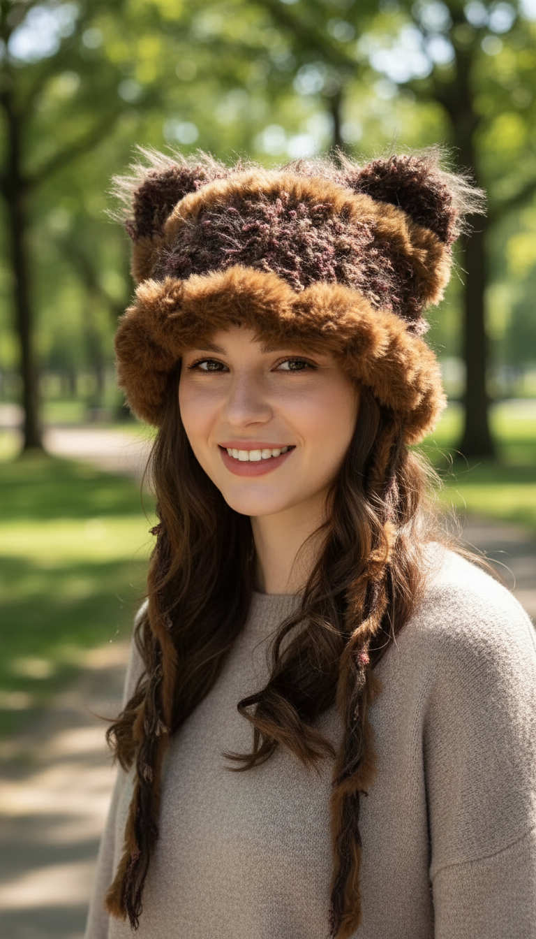 Caramel Latte Brown Cat Ear Jellyfish Hat – Handmade Mixed Yarn Crochet Beanie