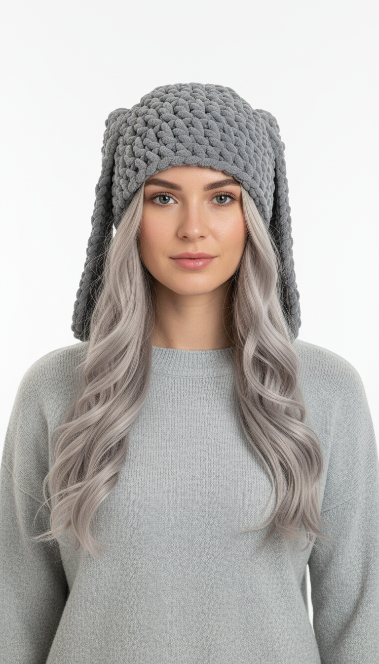 Gray Long Ear Bunny Hat – Handmade Fluffy Crochet Beanie