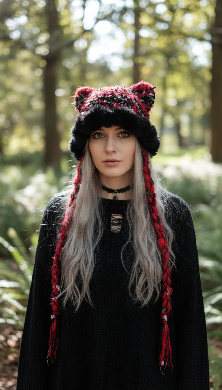 Red Black Gothic Cat Ear Jellyfish Hat – Handmade Mixed Yarn Crochet Beanie