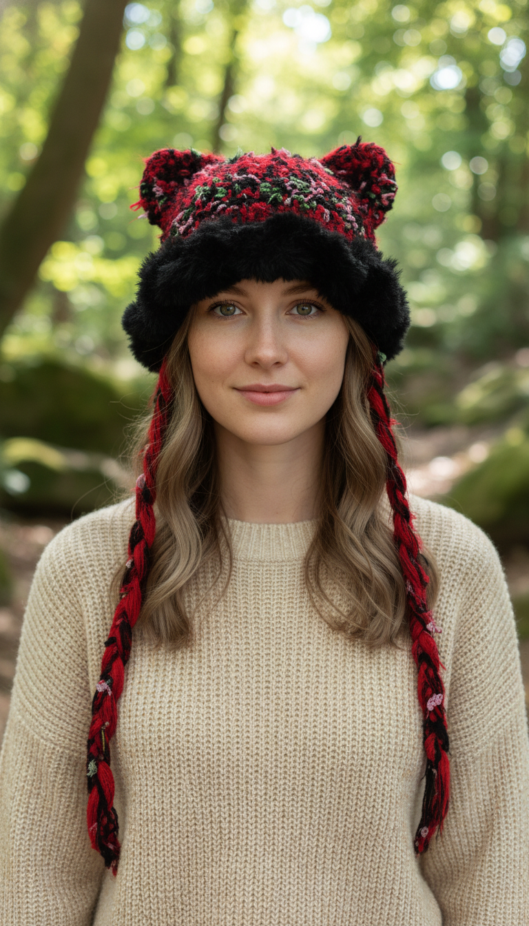Red Black Gothic Cat Ear Jellyfish Hat – Handmade Mixed Yarn Crochet Beanie