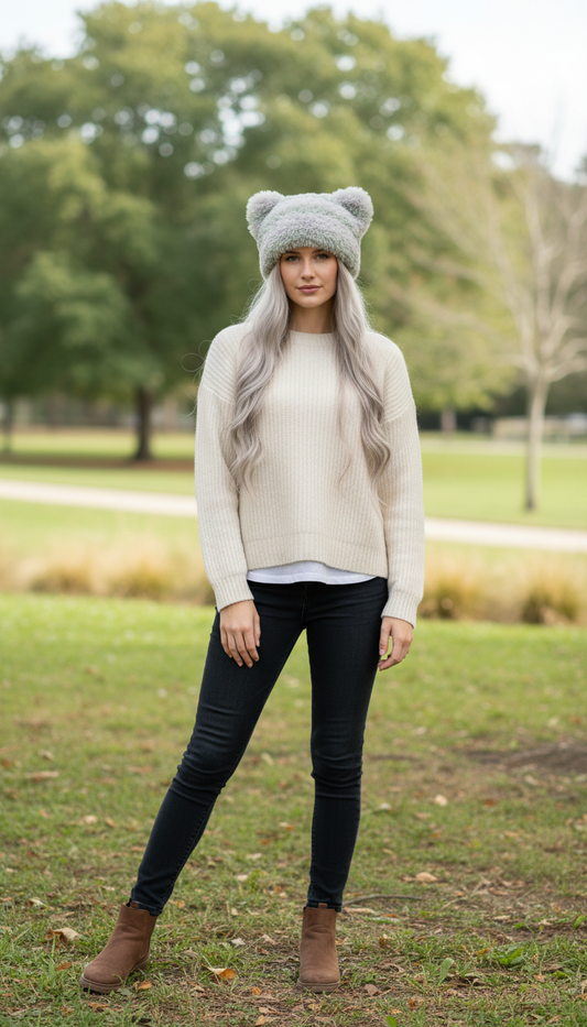 Gray Teddy Bear Hat – Handmade Fluffy Crochet Beanie