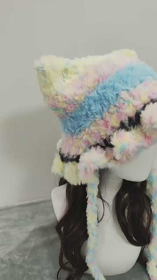 Candy Pop Cat Ear Jellyfish Hat – Handmade Fluffy Crochet Beanie