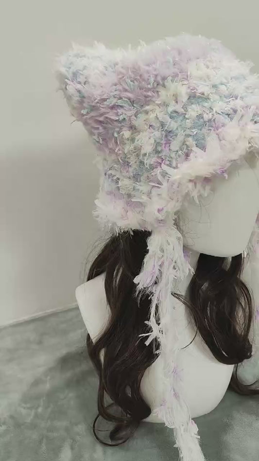 Snow Fairy Cat Ear Jellyfish Hat – Handmade Fluffy Mixed Yarn Beanie