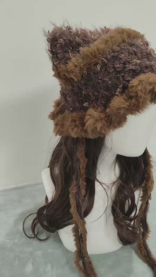 Caramel Latte Brown Cat Ear Jellyfish Hat – Handmade Mixed Yarn Crochet Beanie