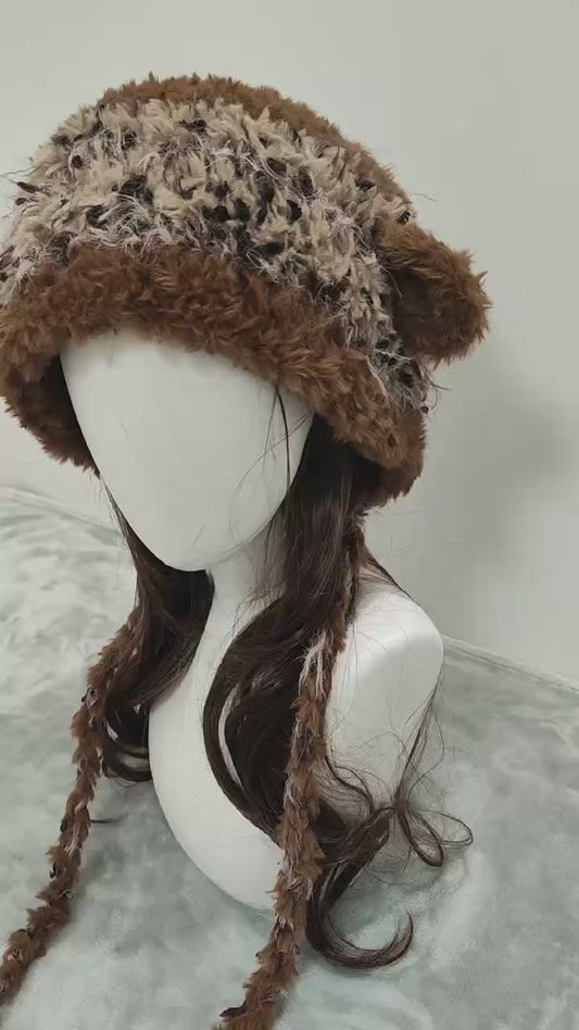 Brown Sheep Ear Crochet Beanie – Handmade Mixed Yarn Wool Hat